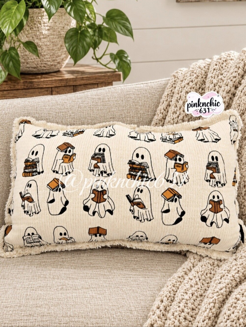 Rachel Zoe Ghost Reading Books Halloween Decor Decorative Throw Pillow